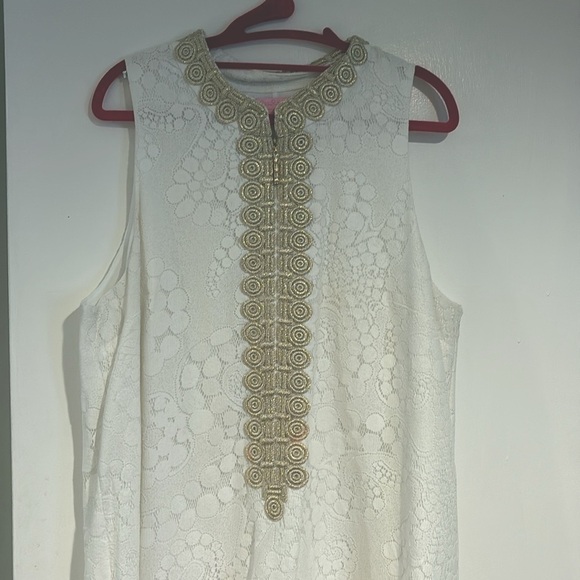 Lilly Pulitzer White Lace Shift Dress with Gold Detailing - Picture 2 of 6